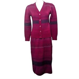 VINTAGE VICTOIRE 100% WOOL CLASSY TIMELESS KNITTED CARDIGAN SKIRT SUIT S…